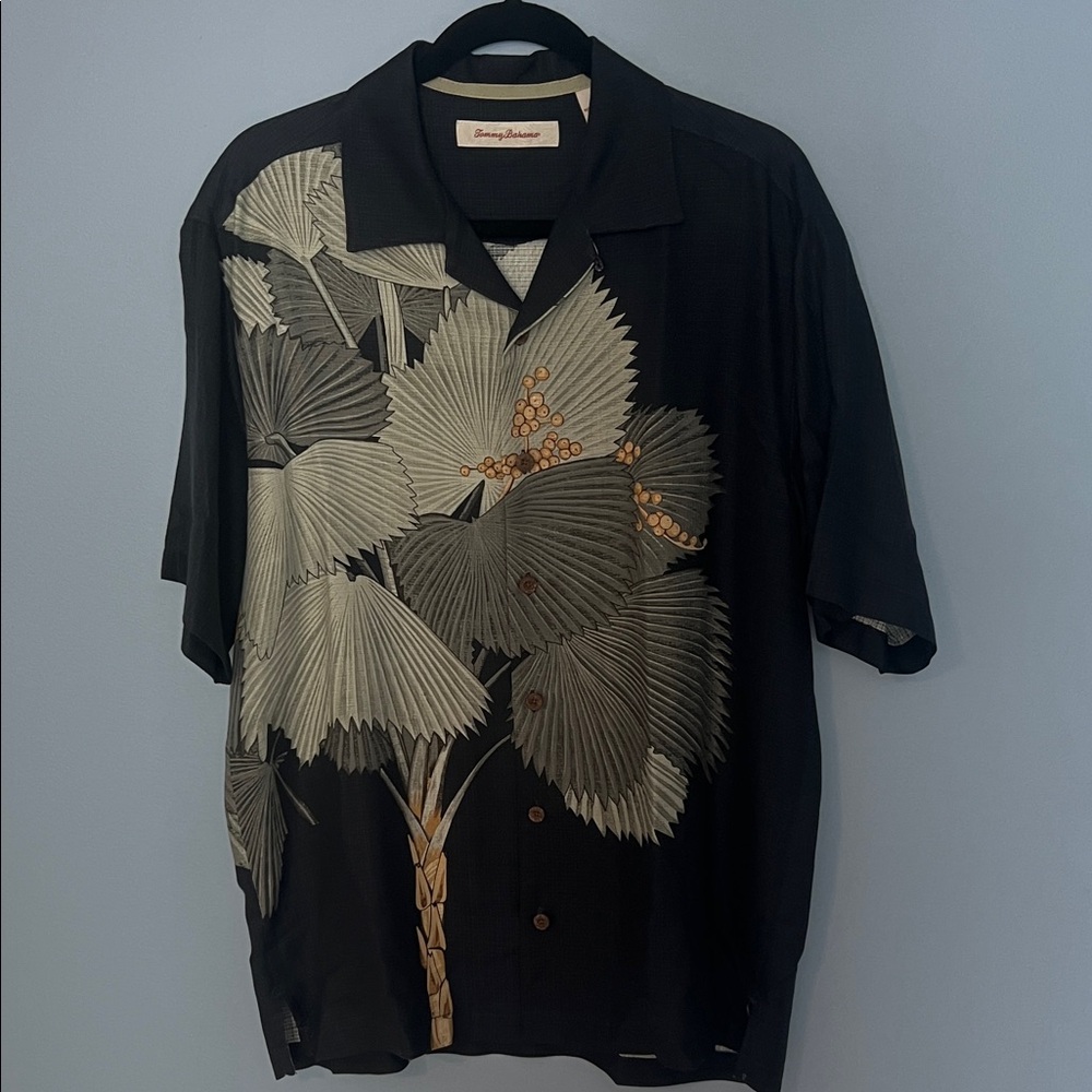 Tommy Bahama Black Palm-Leaf Camp Shirt with Tan Accents